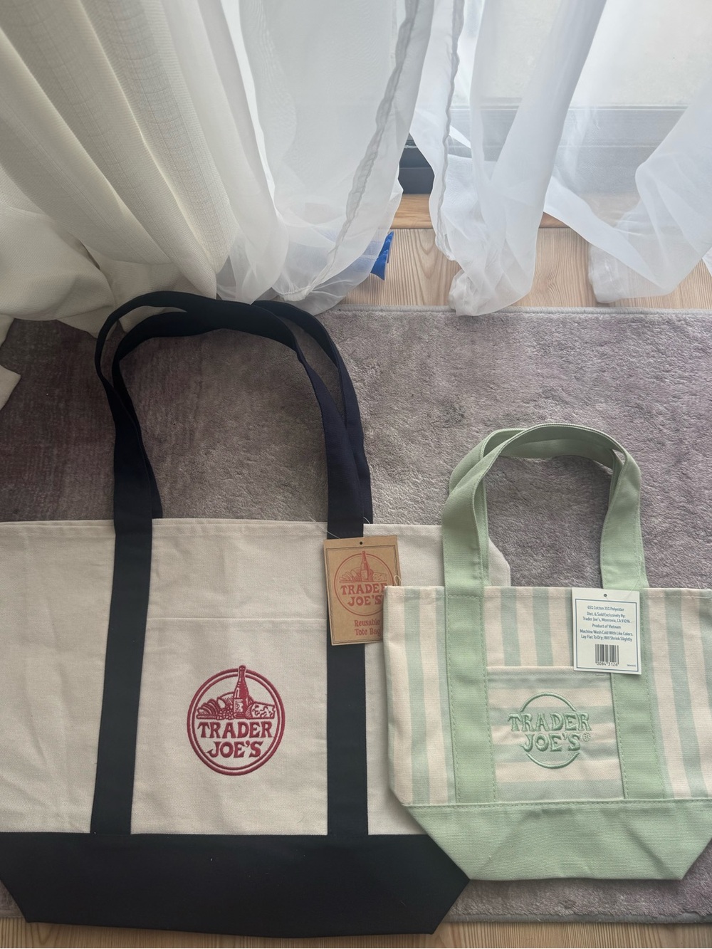 Trader Joes Canvas Tote Navy | Striped Mini Canvas Tote Sage Set of 2